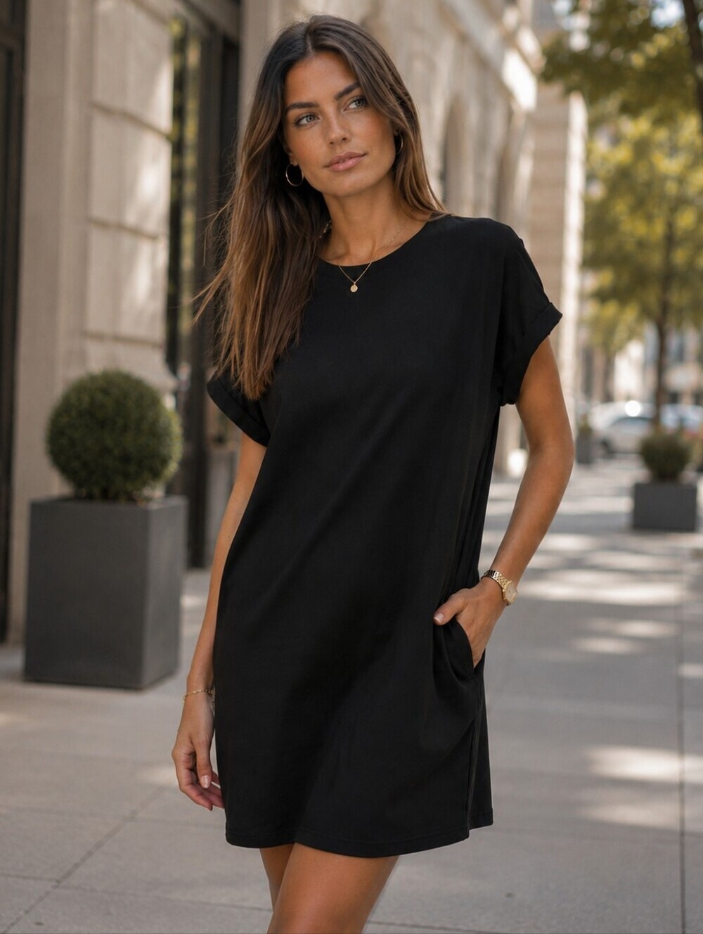 Black Round Neck Short Sleeves T-Shirt Dress Pockets Clean Girl Minimalist Sz S
